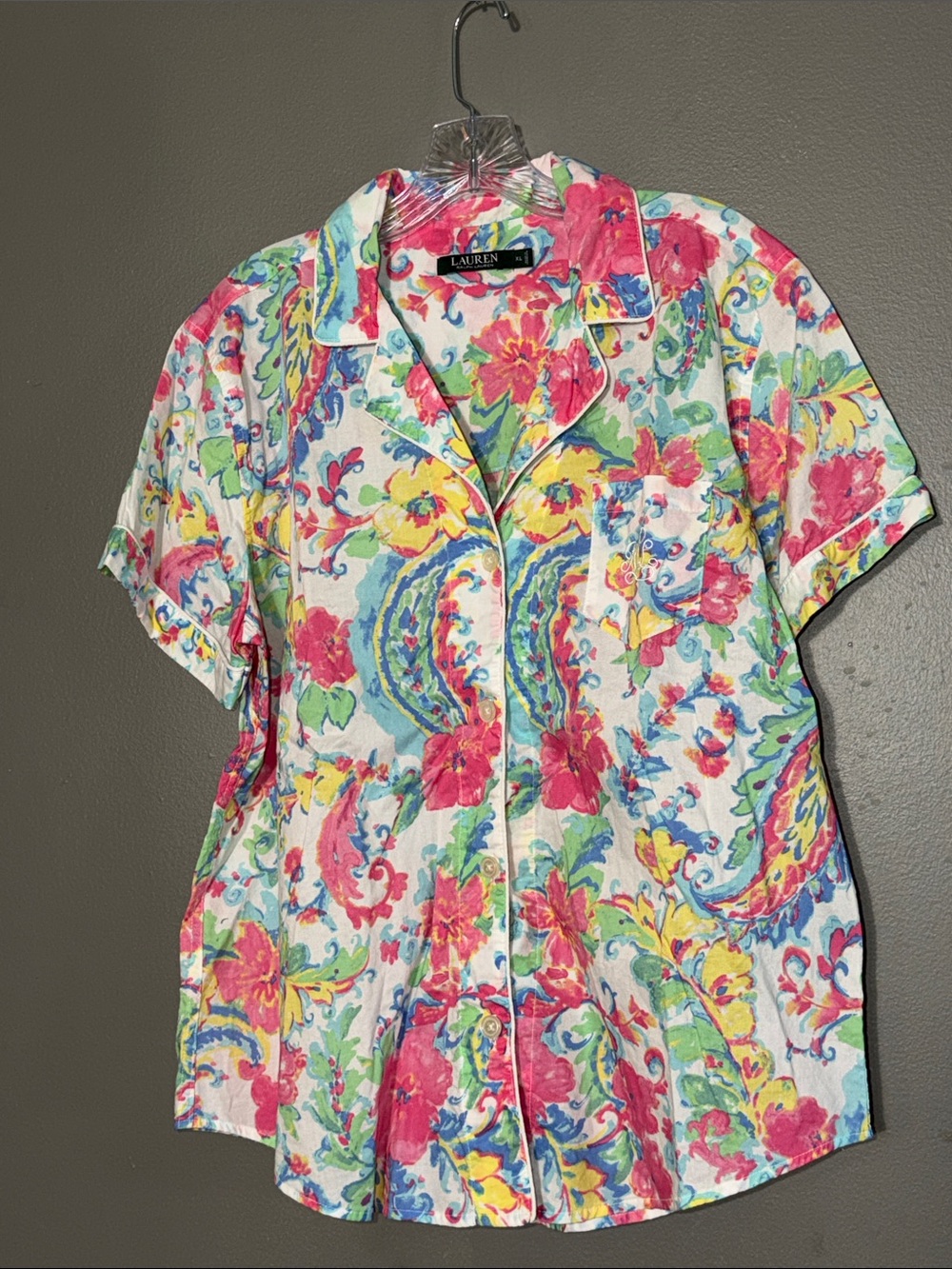 Lauren Ralph Lauren Floral Paisley Pajama Top Wome XL Short Sleeve Cotton